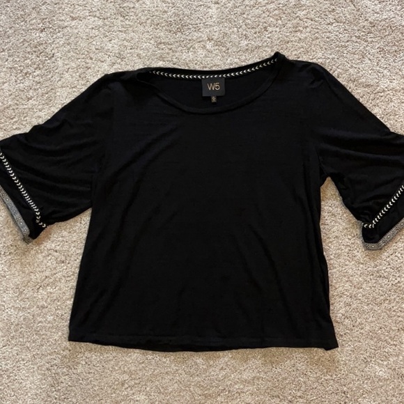 Anthropologie W5 Knit Top Black Bell Sleeve embroidery Tribal Trim Cropped Sz S - Picture 2 of 13